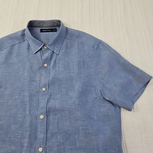 Nautica Linen Blend Short Sleeve Shirt Men's M Blue Button Up EUC LN Resortwear - Picture 4 of 12